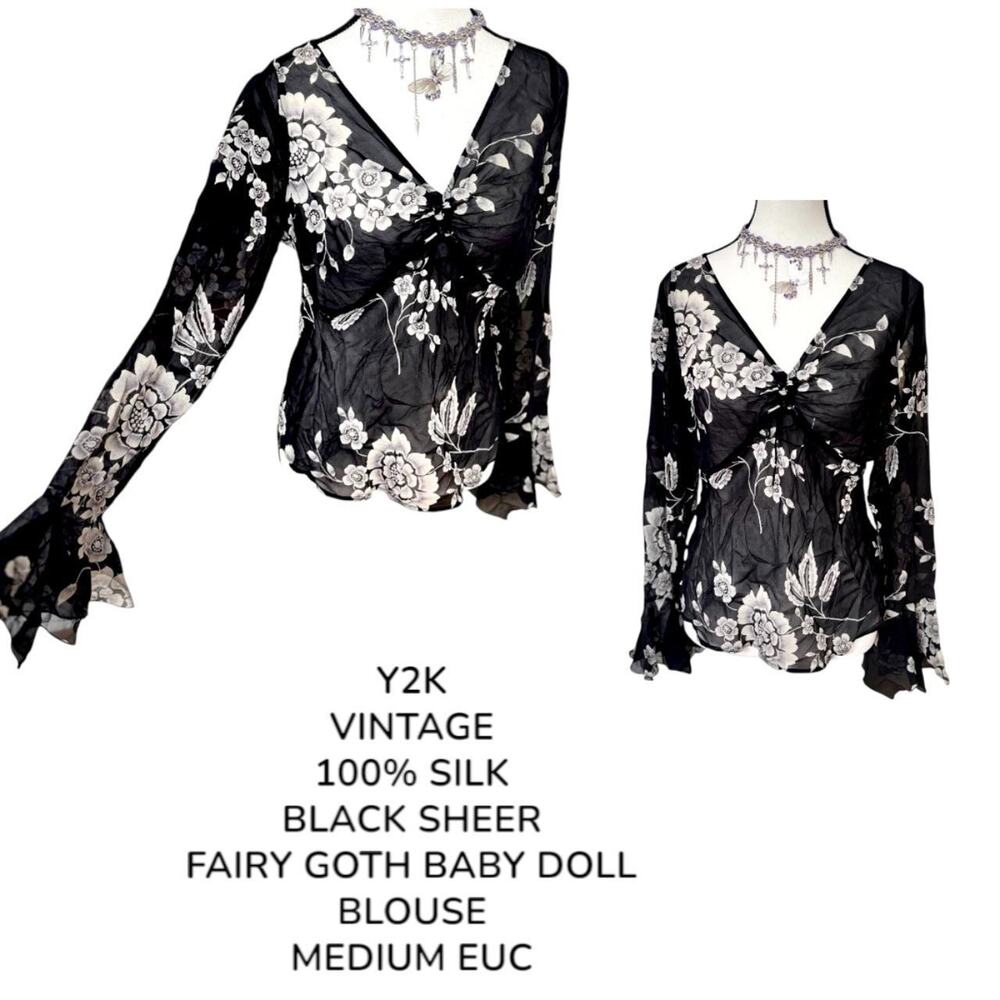 Y2K VTG. 100% SILK BLACK DARK FAIRY GOTH SHEER BABY DOLL‎ BLOUSE MEDIUM EUC.